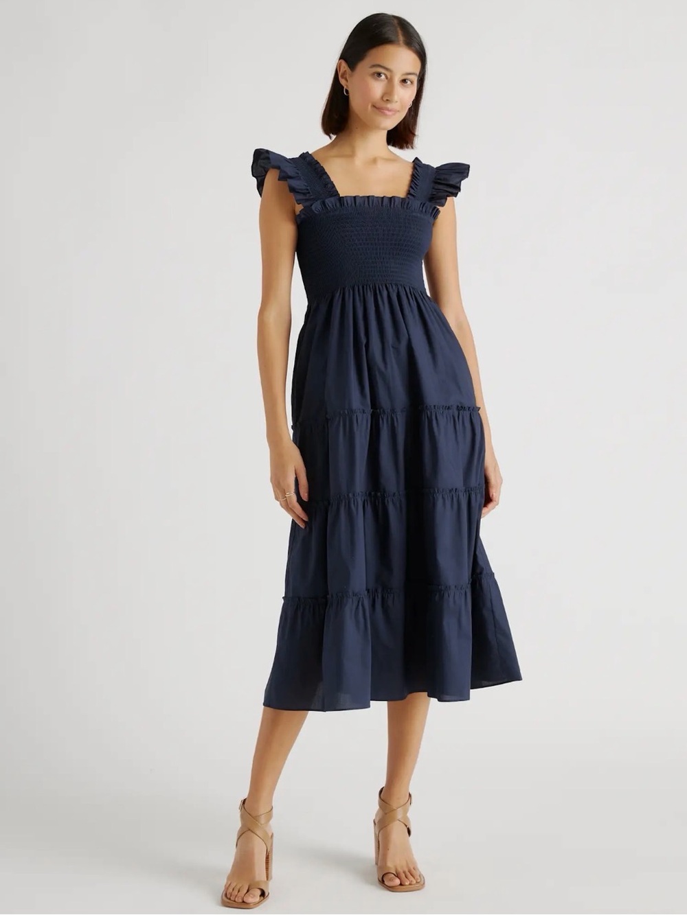 Quince Navy Smocked Cotton Poplin Ruffle Strap Midi Dress